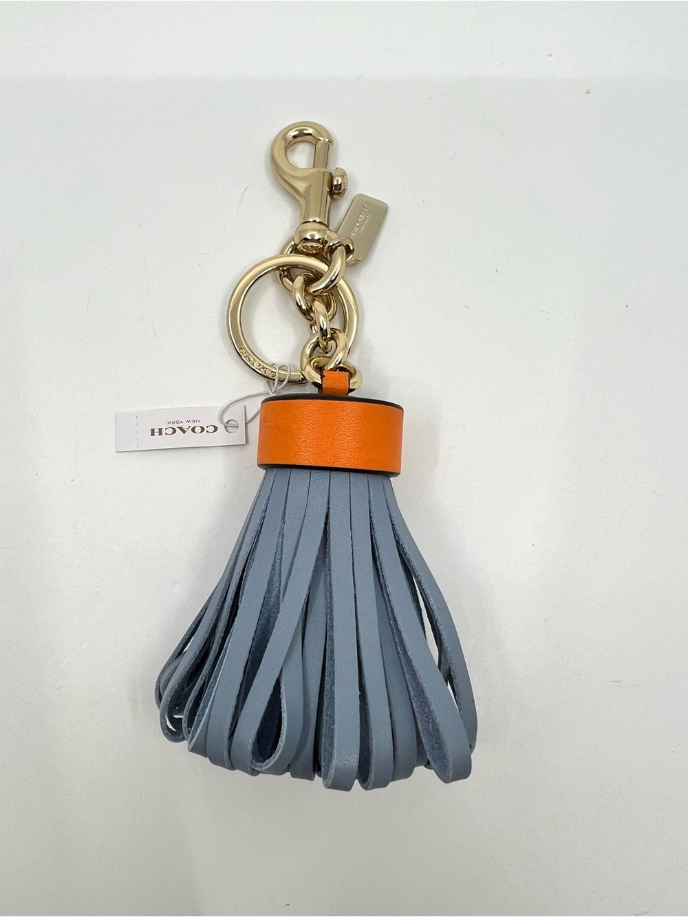 Coach Leather Tassel Keychain FOB Bag Charm Light Blue with Orange Cap No F58505